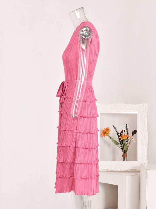 LANMREM Fashion Pleated Belt Dress For Women Solid V-neck Sleeveless Elegant Spliced A-line Dresses Casual New 2La2206